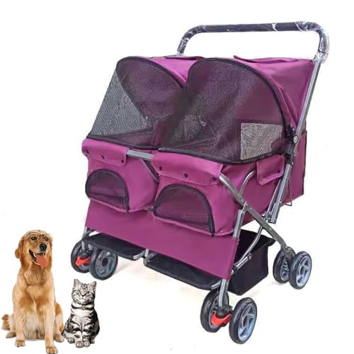 Doppelter Hundekinderwagen, Zusammenklappbarer Zweisitzer-Haustierwagen, Reisekinderwagen Für Mittelgroße Und Kleine Hunde Und Katzen, Aufbewahrungskorb, Atmungsaktives Und Sichtbares Netz,Lila von YPDOPORA