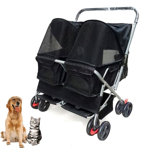 Doppelter Hundekinderwagen, Zusammenklappbarer Zweisitzer-Haustierwagen, Reisekinderwagen Für Mittelgroße Und Kleine Hunde Und Katzen, Aufbewahrungskorb, Atmungsaktives Und Sichtbares Netz,Schwarz von YPDOPORA