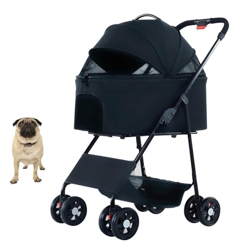 Haustier-Buggy Für Kleine Und Mittelgroße Hunde Und Katzen Mit Abnehmbarer Tragetasche, Leichter, Zusammenklappbarer Katzen-Buggy Mit 4 Rädern Und Reißverschluss, Trolley Für Unterwegs,Schwarz von YPDOPORA