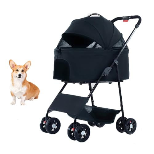 Haustier-Kinderwagen Für Kleine Und Mittelgroße Hunde Und Katzen Mit Abnehmbarem Träger, Rahmen Aus Aluminiumlegierung, Leichter, Faltbarer 4-Rad-Katzenkinderwagen Ohne Reißverschluss,Schwarz von YPDOPORA