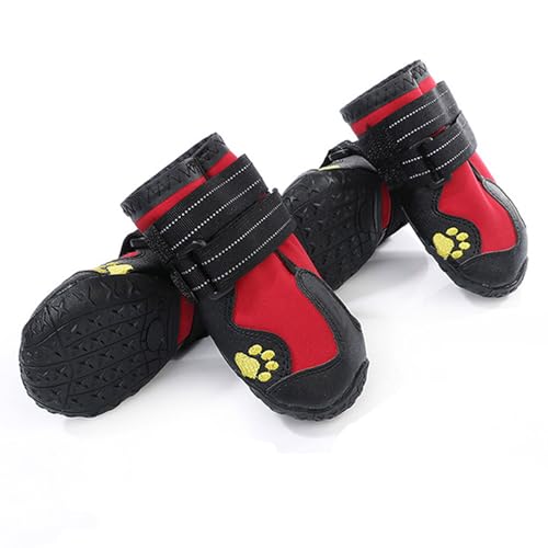 YPDOPORA Hunde-Winterstiefel Und Pfotenschutz Für Kleine Bis Große Hunde, Hundestiefel Mit Zwei Reflektierenden Befestigungsbändern Und Robuster Rutschfester Sohle, 4Er-Pack Hundestiefel,Rot,3XL von YPDOPORA