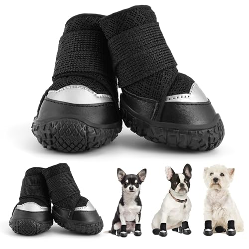 Hundeschuhe Für Kleine Hunde, rutschfeste Hundeschuhe, Pfotenschutz Für Heiße Gehwege, Winter, Schnee, Wandern, Mit Verstellbaren Trägern Und Rutschfesten Sohlen, 4 Stück,Schwarz,L von YPDOPORA