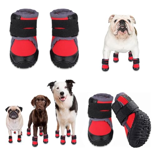 YPDOPORA Hundestiefel Für Kleine Mittelgroße Hunde, rutschfeste Hundestiefel, Pfotenschutz Für Heiße Straßen Und Schnee, Wanderstiefel Für Hunde, Verstellbare Pfotenschutzstiefel,Rot,S von YPDOPORA