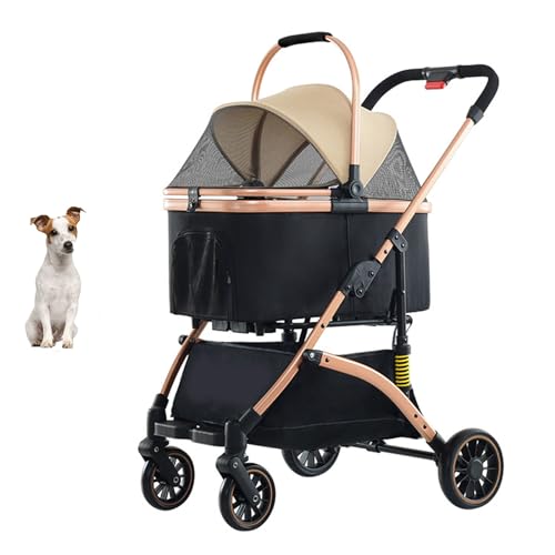 YPDOPORA 3-In-1 Faltbarer Haustier-Kinderwagen Für Kleine Und Mittelgroße Hunde Und Katzen, Ohne Reißverschluss Mit Abnehmbarer Tragetasche, Aufbewahrungskorb, Druckknopf,Beige von YPDOPORA