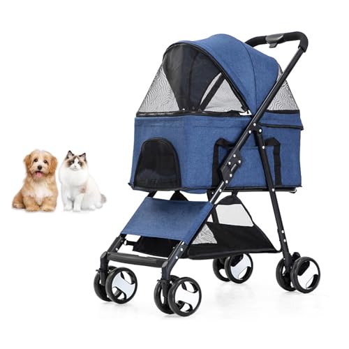 YPDOPORA 3-In-1-Haustier-Kinderwagen, 4-Räder-Haustier-Klappwagen Mit Abnehmbarem Träger, Aufbewahrungskorb, Rahmen Aus Aluminiumlegierung, Autositz, Katzen-Kinderwagen,Blau von YPDOPORA