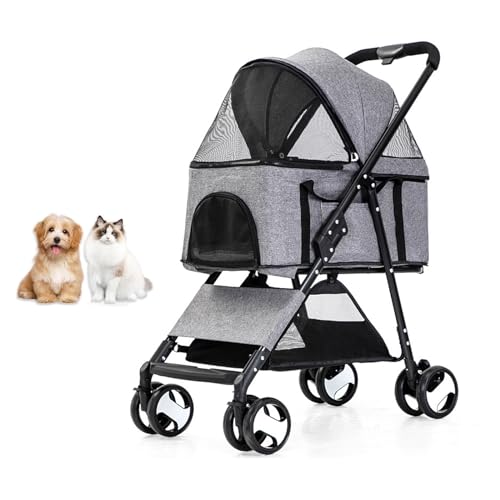 YPDOPORA 3-In-1-Haustier-Kinderwagen, 4-Räder-Haustier-Klappwagen Mit Abnehmbarem Träger, Aufbewahrungskorb, Rahmen Aus Aluminiumlegierung, Autositz, Katzen-Kinderwagen,Grau von YPDOPORA