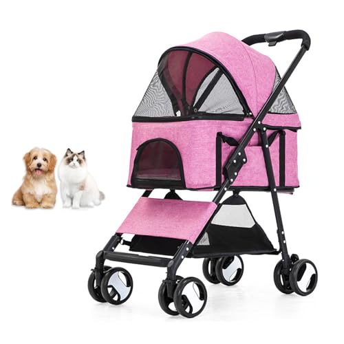 YPDOPORA 3-In-1-Haustier-Kinderwagen, 4-Räder-Haustier-Klappwagen Mit Abnehmbarem Träger, Aufbewahrungskorb, Rahmen Aus Aluminiumlegierung, Autositz, Katzen-Kinderwagen,Rosa von YPDOPORA