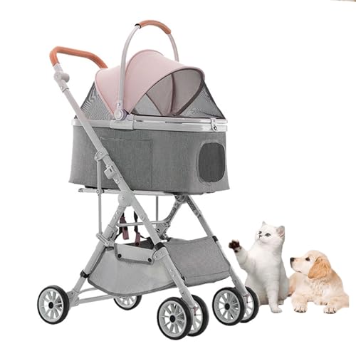 YPDOPORA 3-In-1-Haustierbuggy, Faltbarer Hundebuggy Für Kleine Und Mittelgroße Katzen Und Hunde, Leichter Und Robuster Haustierbuggy Mit Aufbewahrungskorb, Einfaches Manövrieren Für Unterwegs,Rosa von YPDOPORA