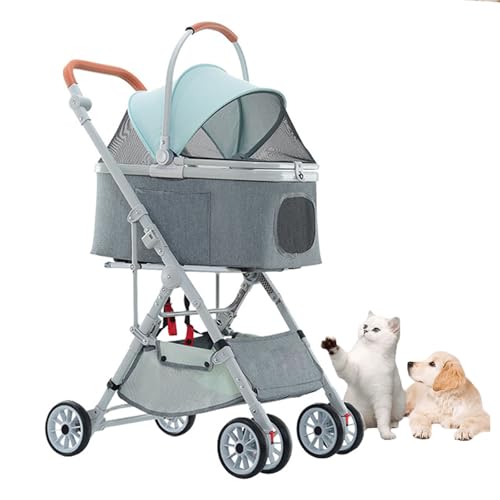 YPDOPORA 3-In-1-Haustierbuggy, Faltbarer Hundebuggy Für Kleine Und Mittelgroße Katzen Und Hunde, Leichter Und Robuster Haustierbuggy Mit Aufbewahrungskorb, Einfaches Manövrieren Für Unterwegs,Blau von YPDOPORA