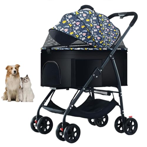 YPDOPORA 3-In-1-Hundebuggy, Zusammenklappbarer, Leichter Hundebuggy, Hundewagen, Reisetransporter, Haustier-Joggingwagen Mit Feststellbaren 360°-Rädern Und Aufbewahrungskorb Für Hunde,Blau von YPDOPORA