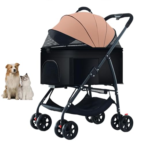 YPDOPORA 3-In-1-Hundebuggy, Zusammenklappbarer, Leichter Hundebuggy, Hundewagen, Reisetransporter, Haustier-Joggingwagen Mit Feststellbaren 360°-Rädern Und Aufbewahrungskorb Für Hunde,Braun von YPDOPORA