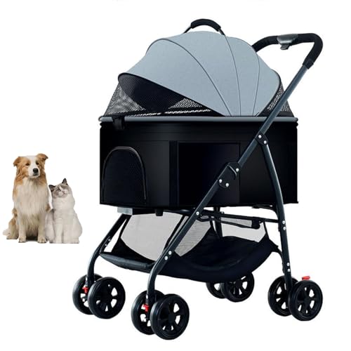 YPDOPORA 3-In-1-Hundebuggy, Zusammenklappbarer, Leichter Hundebuggy, Hundewagen, Reisetransporter, Haustier-Joggingwagen Mit Feststellbaren 360°-Rädern Und Aufbewahrungskorb Für Hunde,Grau von YPDOPORA