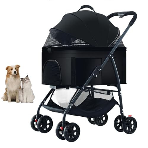 YPDOPORA 3-In-1-Hundebuggy, Zusammenklappbarer, Leichter Hundebuggy, Hundewagen, Reisetransporter, Haustier-Joggingwagen Mit Feststellbaren 360°-Rädern Und Aufbewahrungskorb Für Hunde,Schwarz von YPDOPORA