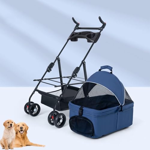 YPDOPORA 3-In-1-Kinderwagen Für Haustiere, Abnehmbarer Und Verstellbarer Kinderwagen Für Katzen Und Hunde, Faltbarer Kinderwagen Für Haustiere Mit Getränkehalter, Bremsrolle,Blau von YPDOPORA