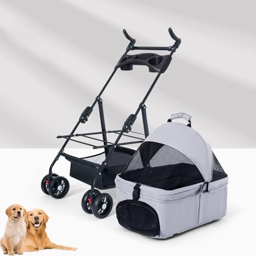 YPDOPORA 3-In-1-Kinderwagen Für Haustiere, Abnehmbarer Und Verstellbarer Kinderwagen Für Katzen Und Hunde, Faltbarer Kinderwagen Für Haustiere Mit Getränkehalter, Bremsrolle,Grau von YPDOPORA