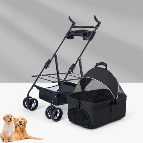 YPDOPORA 3-In-1-Kinderwagen Für Haustiere, Abnehmbarer Und Verstellbarer Kinderwagen Für Katzen Und Hunde, Faltbarer Kinderwagen Für Haustiere Mit Getränkehalter, Bremsrolle,Schwarz von YPDOPORA