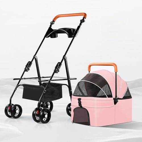 YPDOPORA 3-In-1-Kinderwagen Für Haustiere, Katzen Und Hunde, Tragbarer Hundekinderwagen Mit 4 Rädern, Hundekinderwagen Mit Einstellbarer Griffhöhe Und Abnehmbarem Träger, Getränkehalter,Rosa von YPDOPORA