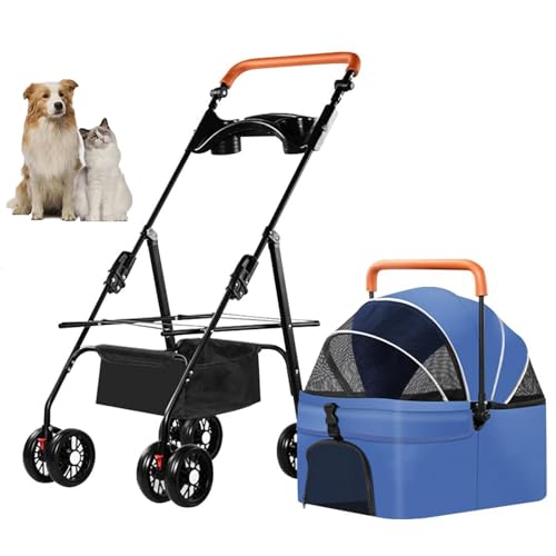 YPDOPORA 3-In-1-Kinderwagen Für Haustiere, Katzen- Und Hundekinderwagen, Tragbarer Hundekinderwagen Mit 4 Rädern, Hundekinderwagen Mit Einstellbarer Griffhöhe Und Abnehmbarer Trage,Blau von YPDOPORA