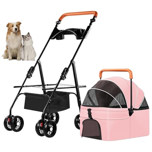 YPDOPORA 3-In-1-Kinderwagen Für Haustiere, Katzen- Und Hundekinderwagen, Tragbarer Hundekinderwagen Mit 4 Rädern, Hundekinderwagen Mit Einstellbarer Griffhöhe Und Abnehmbarer Trage,Rosa von YPDOPORA