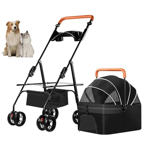 YPDOPORA 3-In-1-Kinderwagen Für Haustiere, Katzen- Und Hundekinderwagen, Tragbarer Hundekinderwagen Mit 4 Rädern, Hundekinderwagen Mit Einstellbarer Griffhöhe Und Abnehmbarer Trage,Schwarz von YPDOPORA