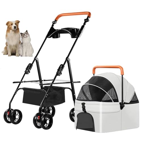 YPDOPORA 3-In-1-Kinderwagen Für Haustiere, Katzen- Und Hundekinderwagen, Tragbarer Hundekinderwagen Mit 4 Rädern, Hundekinderwagen Mit Einstellbarer Griffhöhe Und Abnehmbarer Trage,Weiß von YPDOPORA