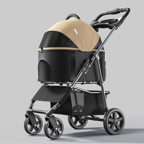 YPDOPORA 3-In-1-Kinderwagen Für Haustiere, Zusammenklappbarer, Leichter Hundekinderwagen Mit Abnehmbarer Tragetasche, Reisekinderwagen Für Katzen Mit Aufbewahrungskorb, Getränkehalter,Braun von YPDOPORA