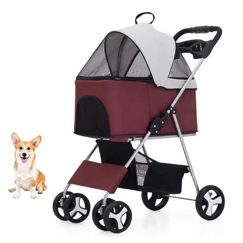 YPDOPORA 3-In-1-Kinderwagen Für Katzen Und Hunde, Zusammenklappbarer Haustier-Kinderwagen Für Mittelgroße Und Kleine Hunde, Katzen-Welpen-Kinderwagen Mit Abnehmbarer, Tragbarer Trage,Rot von YPDOPORA