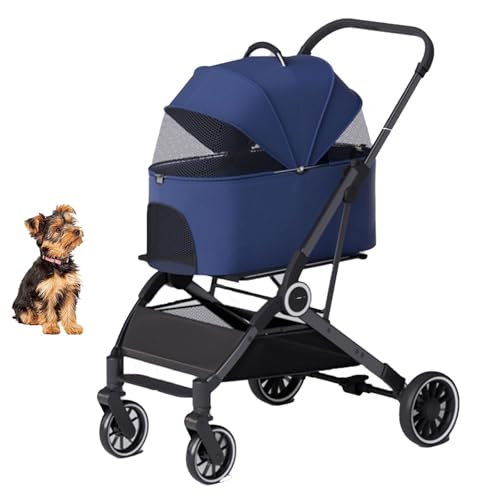 YPDOPORA 3-In-1-Kinderwagen Mit Klappmechanismus, Hundebuggy Für Kleine Hunde Und Katzen, 4-Rad-Kinderwagen Mit Abnehmbarem Aufbewahrungskorb Für Kleine Und Mittelgroße Haustiere,Blau von YPDOPORA