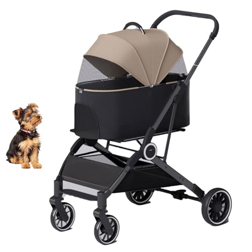 YPDOPORA 3-In-1-Kinderwagen Mit Klappmechanismus, Hundebuggy Für Kleine Hunde Und Katzen, 4-Rad-Kinderwagen Mit Abnehmbarem Aufbewahrungskorb Für Kleine Und Mittelgroße Haustiere,Braun von YPDOPORA