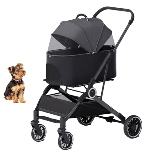 YPDOPORA 3-In-1-Kinderwagen Mit Klappmechanismus, Hundebuggy Für Kleine Hunde Und Katzen, 4-Rad-Kinderwagen Mit Abnehmbarem Aufbewahrungskorb Für Kleine Und Mittelgroße Haustiere,Grau von YPDOPORA