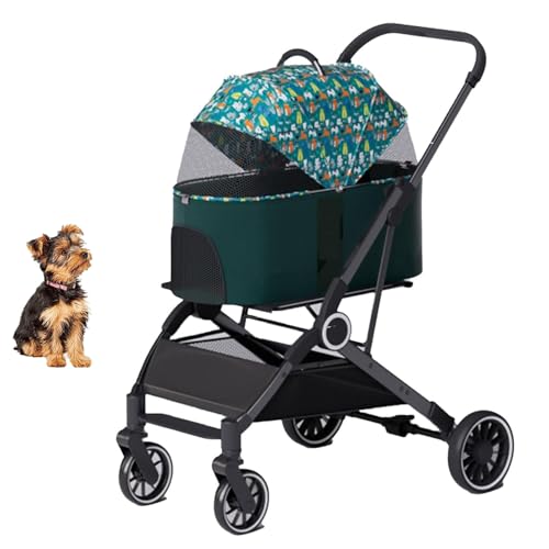 YPDOPORA 3-In-1-Kinderwagen Mit Klappmechanismus, Hundebuggy Für Kleine Hunde Und Katzen, 4-Rad-Kinderwagen Mit Abnehmbarem Aufbewahrungskorb Für Kleine Und Mittelgroße Haustiere,Grün von YPDOPORA