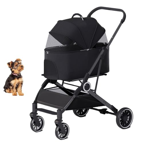 YPDOPORA 3-In-1-Kinderwagen Mit Klappmechanismus, Hundebuggy Für Kleine Hunde Und Katzen, 4-Rad-Kinderwagen Mit Abnehmbarem Aufbewahrungskorb Für Kleine Und Mittelgroße Haustiere,Schwarz von YPDOPORA