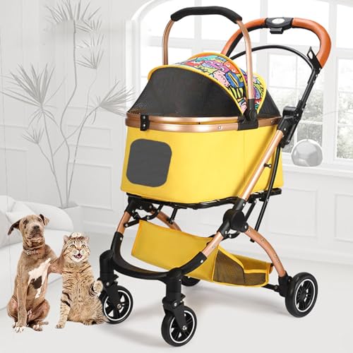 YPDOPORA 4-In-1-Kinderwagen Mit Klappmechanismus Für Haustiere, 4 Räder, Hunde-/Katzenwelpenwagen, Abnehmbare Reisetrage Für Kleine/Mittelgroße Haustiere, Zusammenklappbarer Teleskop-Katzenwagen,Gelb von YPDOPORA