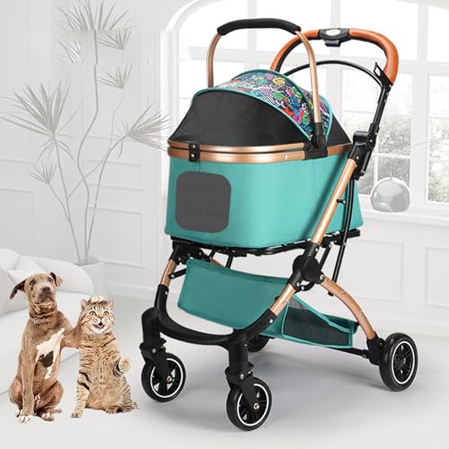 YPDOPORA 4-In-1-Kinderwagen Mit Klappmechanismus Für Haustiere, 4 Räder, Hunde-/Katzenwelpenwagen, Abnehmbare Reisetrage Für Kleine/Mittelgroße Haustiere, Zusammenklappbarer Teleskop-Katzenwagen,Blau von YPDOPORA