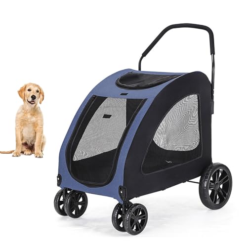 YPDOPORA 4-Rad-Hundewagen Für Haustiere, Faltbarer Reisewagen, Haustier-Kinderwagen Mit Stauraum, Vorderrad-Universalrad, Haustier-Kinderwagenwagen Mit Reißverschlussfenstern,Blau von YPDOPORA