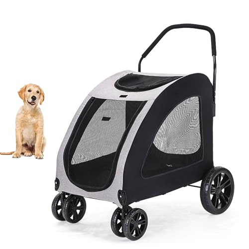 YPDOPORA 4-Rad-Hundewagen Für Haustiere, Faltbarer Reisewagen, Haustier-Kinderwagen Mit Stauraum, Vorderrad-Universalrad, Haustier-Kinderwagenwagen Mit Reißverschlussfenstern,Grau von YPDOPORA