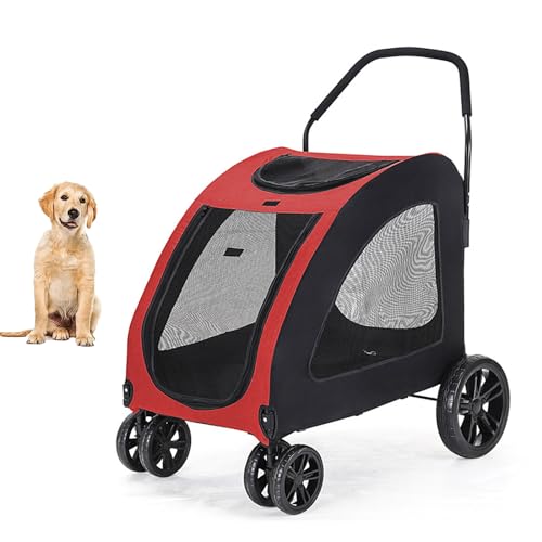 YPDOPORA 4-Rad-Hundewagen Für Haustiere, Faltbarer Reisewagen, Haustier-Kinderwagen Mit Stauraum, Vorderrad-Universalrad, Haustier-Kinderwagenwagen Mit Reißverschlussfenstern,Rot von YPDOPORA