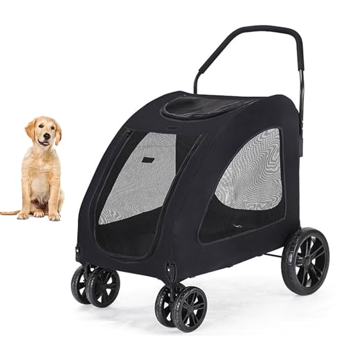 YPDOPORA 4-Rad-Hundewagen Für Haustiere, Faltbarer Reisewagen, Haustier-Kinderwagen Mit Stauraum, Vorderrad-Universalrad, Haustier-Kinderwagenwagen Mit Reißverschlussfenstern,Schwarz von YPDOPORA