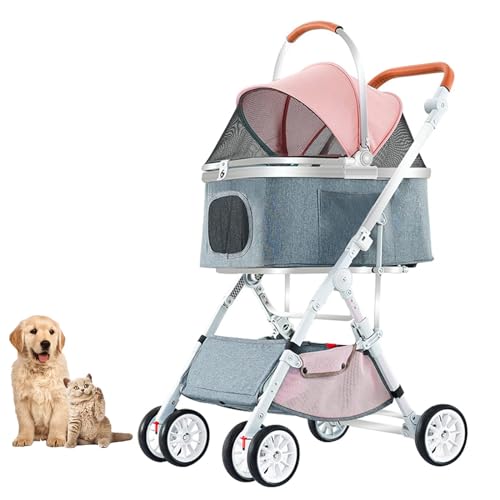 YPDOPORA 4-Räder-Haustier-Kinderwagen, 3-In-1-Hundewagen Mit Abnehmbarem Autositz Für Kleine Und Mittelgroße Haustiere, Einfach Zusammenklappbar, Stabiler Rahmen Und Stoßdämpfende Feder,Rosa von YPDOPORA