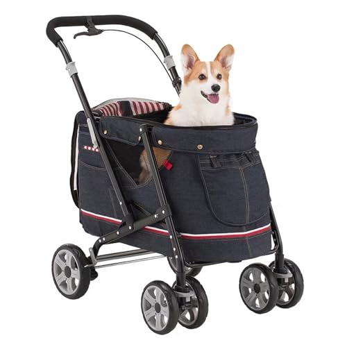 YPDOPORA 4-Räder-Haustier-Kinderwagen, Kinderwagen Für Mittelgroße Und Kleine Hunde, Katzen, Zusammenklappbarer Reise-Kinderwagen Mit Herausnehmbarem Innenfutter,Blau von YPDOPORA