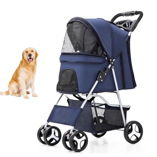 YPDOPORA 4 Räder Reise-Jogger, Faltbarer Haustier-Kinderwagen Für Mittelgroße Kleine Hunde/Katzen, Einfach Einhändig Zusammenklappbarer Hunde-Kinderwagen Mit Aufbewahrungskorb,Blau von YPDOPORA