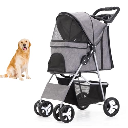 YPDOPORA 4 Räder Reise-Jogger, Faltbarer Haustier-Kinderwagen Für Mittelgroße Kleine Hunde/Katzen, Einfach Einhändig Zusammenklappbarer Hunde-Kinderwagen Mit Aufbewahrungskorb,Grau von YPDOPORA