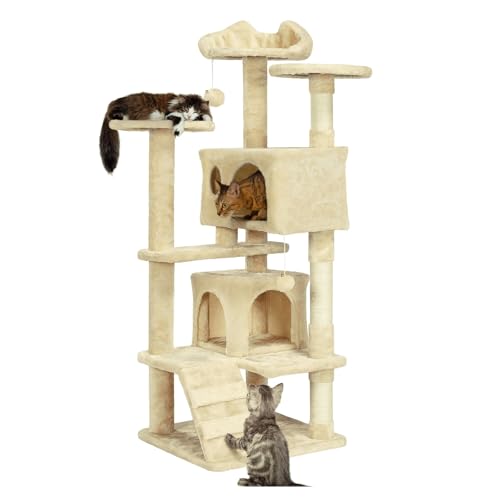 YPDOPORA 62 Zoll Katzenbaum, Katzenturm Für Hauskatzen, Katzenmöbel Mit Doppeltem Katzenhaus, Kratzbäumen, Mehreren Plattformen Und Bällen Für Kätzchen Und Katzen,Beige von YPDOPORA