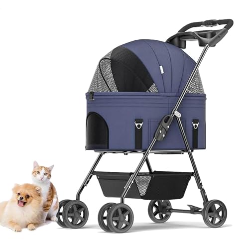 YPDOPORA Abnehmbarer Hunde-Kinderwagen Mit Griff, Haustier-Kinderwagen, 3-In-1-Multifunktions-Faltträger, Kinderwagen, Reise-Kinderwagen Mit Abnehmbarem Träger Und Getränkehalter,Blau von YPDOPORA