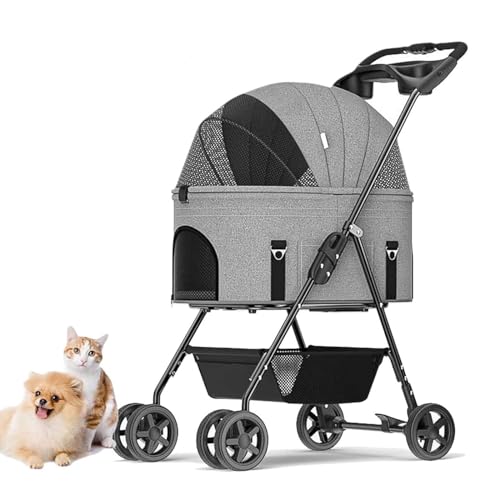 YPDOPORA Abnehmbarer Hunde-Kinderwagen Mit Griff, Haustier-Kinderwagen, 3-In-1-Multifunktions-Faltträger, Kinderwagen, Reise-Kinderwagen Mit Abnehmbarem Träger Und Getränkehalter,Grau von YPDOPORA