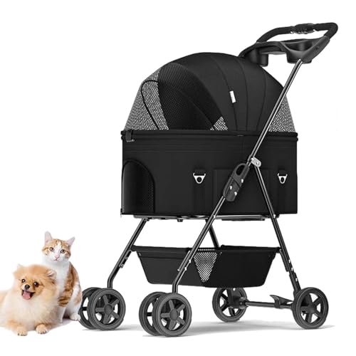 YPDOPORA Abnehmbarer Hunde-Kinderwagen Mit Griff, Haustier-Kinderwagen, 3-In-1-Multifunktions-Faltträger, Kinderwagen, Reise-Kinderwagen Mit Abnehmbarem Träger Und Getränkehalter,Schwarz von YPDOPORA