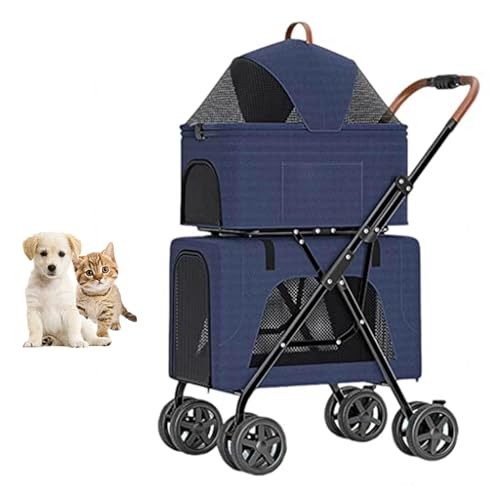 YPDOPORA Doppellagiger Hunde-Kinderwagen, Faltbarer Haustier-Kinderwagen, Doppel-Haustier-Kinderwagen Für 2 Kleine Mittelgroße Hunde Und Katzen Mit 4 Feststellbaren Rädern,Blau von YPDOPORA