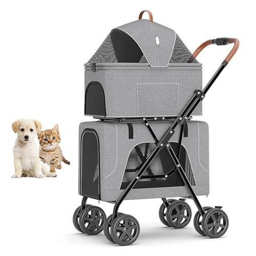 YPDOPORA Doppellagiger Hunde-Kinderwagen, Faltbarer Haustier-Kinderwagen, Doppel-Haustier-Kinderwagen Für 2 Kleine Mittelgroße Hunde Und Katzen Mit 4 Feststellbaren Rädern,Grau von YPDOPORA