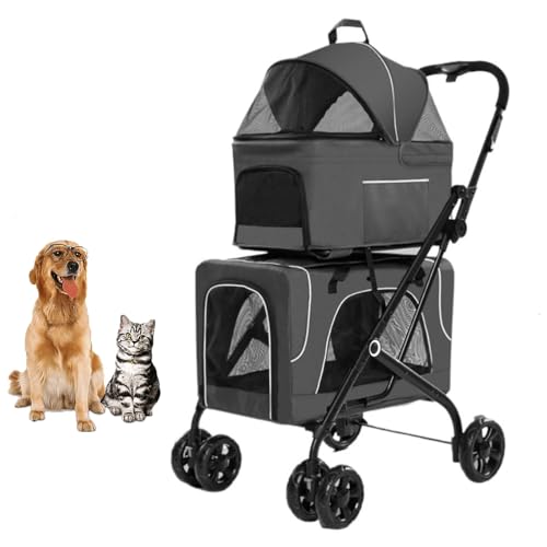 YPDOPORA Doppelter Hundebuggy, Faltbarer 3-In-1-Katzenbuggy Mit 2 Abnehmbaren Trägern, Sicherheitsgurt, Waschbarem Bezug, Abnehmbaren Polstern, 4 Rädern, Reise-Haustierbuggy Für Hunde Und Katzen,Grau von YPDOPORA