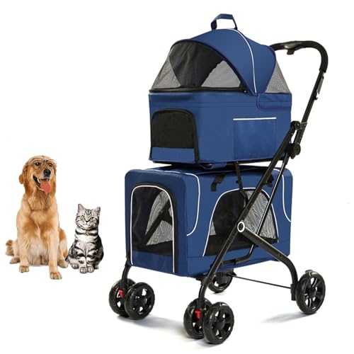 YPDOPORA Doppelter Hundebuggy, Faltbarer 3-In-1-Katzenbuggy Mit 2 Abnehmbaren Trägern, Sicherheitsgurt, Waschbarem Bezug, Abnehmbaren Polstern, 4 Rädern, Reise-Haustierbuggy Für Hunde Und Katzen,Blau von YPDOPORA